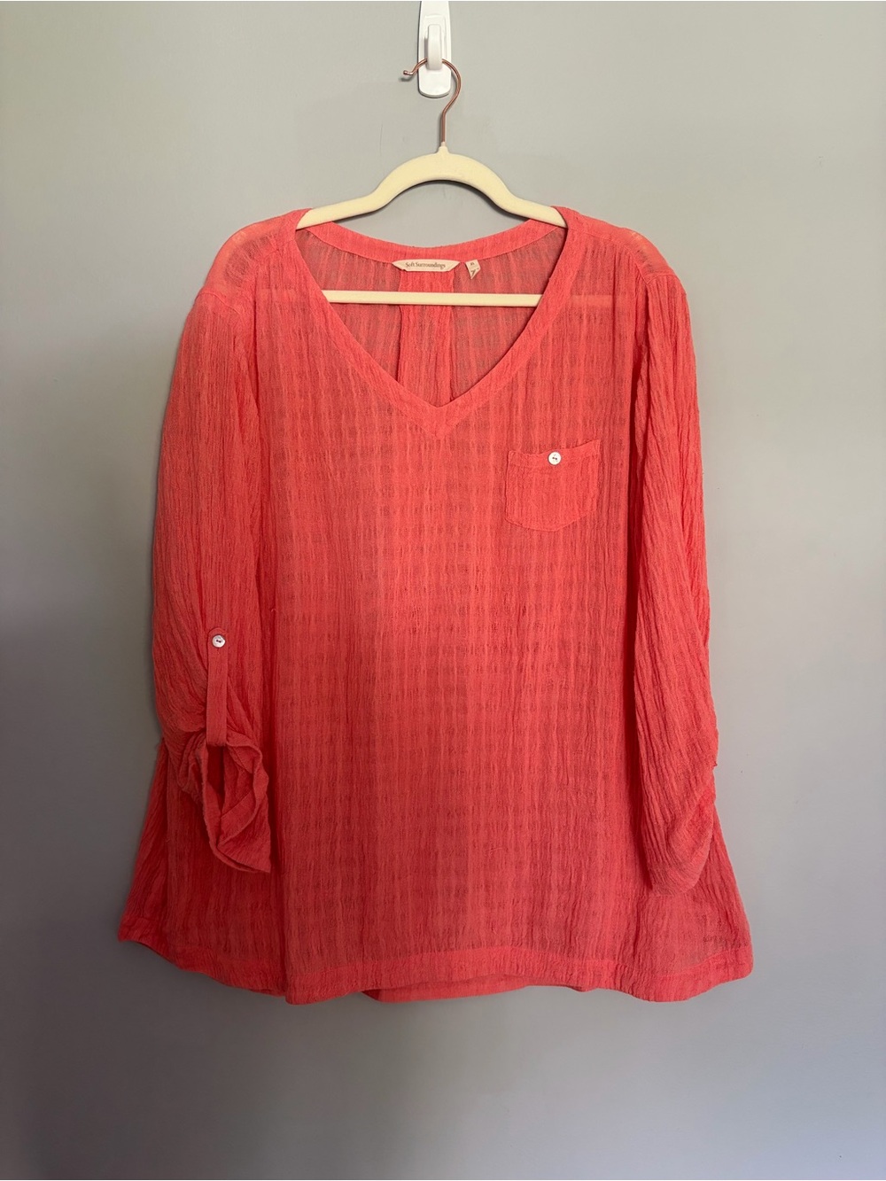 Soft Surroundings Gauze Tunic Top Size XL Coral Linen Cotton Coastal Resort Wear